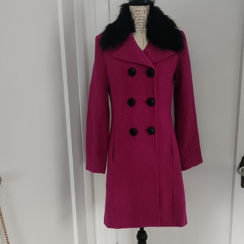 Bagatelle Fuchsia Double-Breasted Pea Coat with Removeable Black Faux Fur Collar